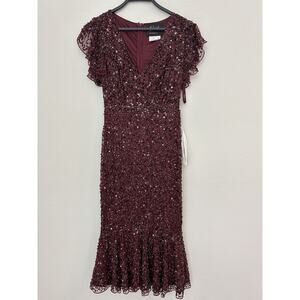 Mac Duggal Sequin Embellished Short Sleeves V-Neck Ruffled Maroon Dress Size 0